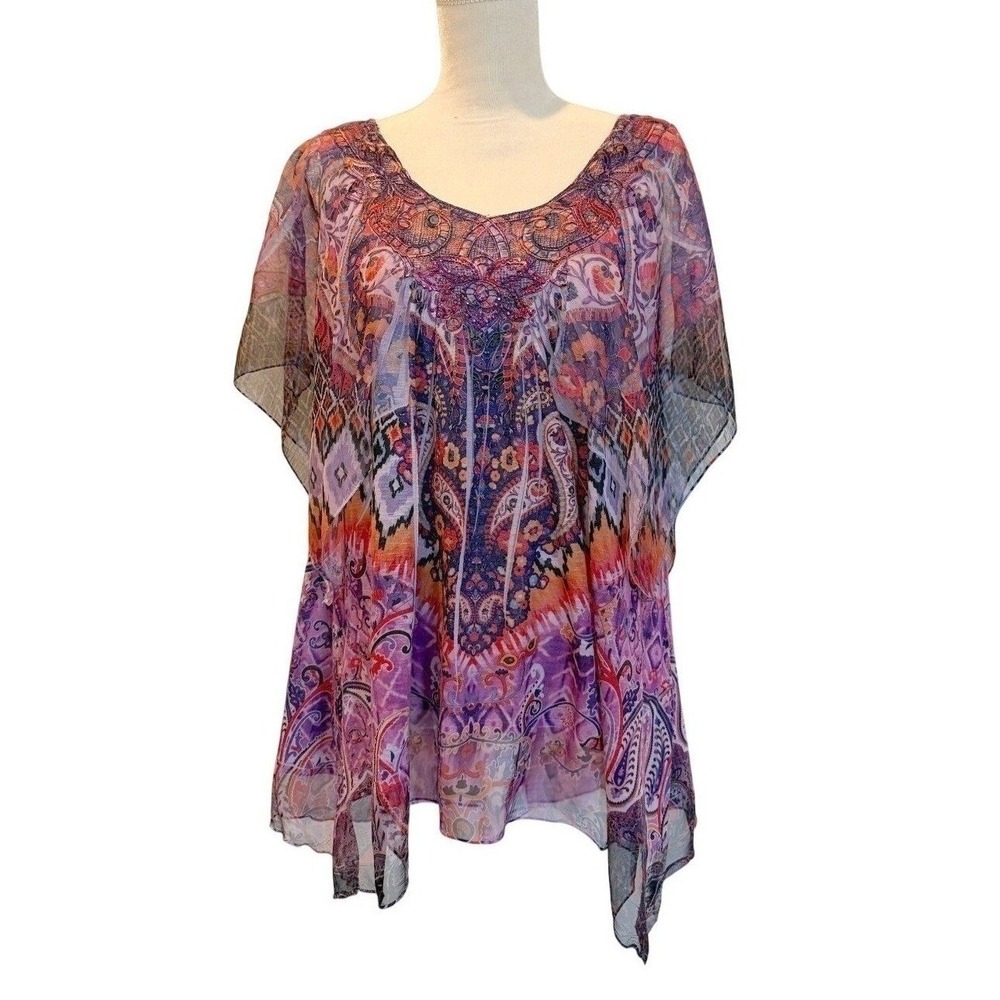 One World Paisley Kaftan Top Womens 2X Sheer Boho Y2K Artsy Resortwear Plus